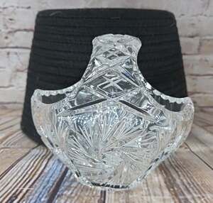 Vintage Hand Cut Lead Clear Crystal Glass Basket Starburst Bride Basket w/Handle